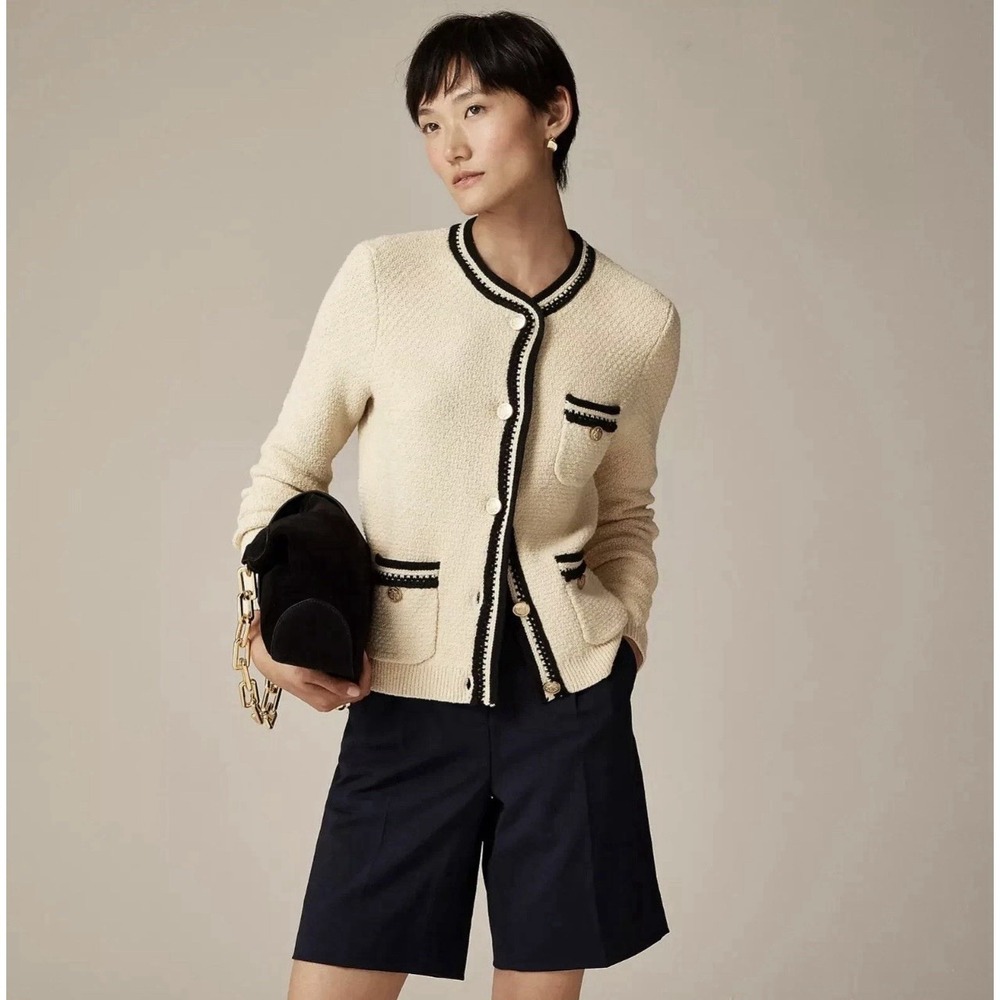 JCREW Contrast-Trim Cardigan Sweater in Parchment / Black XS $178